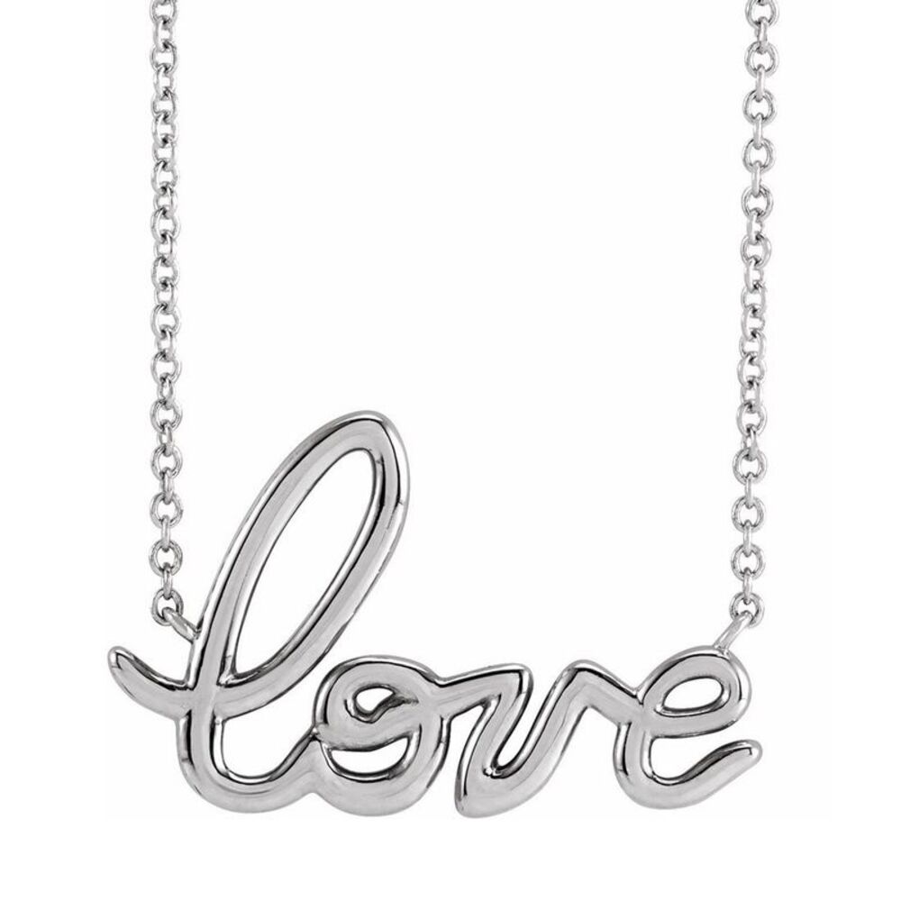 14K White Gold Petite Love Script Necklace, 16 Inch